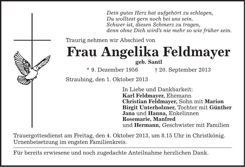 Traueranzeige Angelika Feldmayer