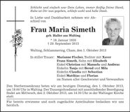 Traueranzeige Maria Simeth