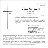Traueranzeige Franz Schmid