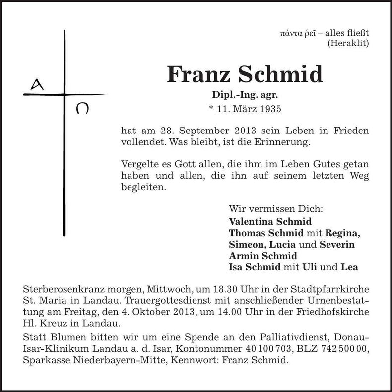 Traueranzeige Franz Schmid