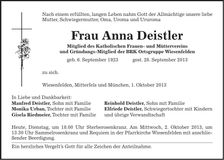 Traueranzeige Anna Deistler