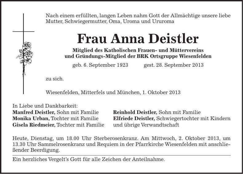 Traueranzeige Anna Deistler