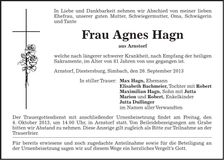 Traueranzeige Agnes Hagn