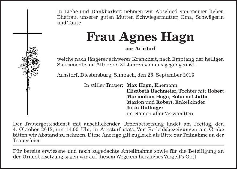 Traueranzeige Agnes Hagn