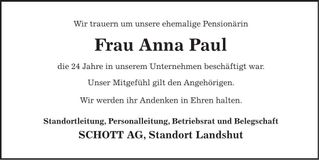 Traueranzeige Anna Paul