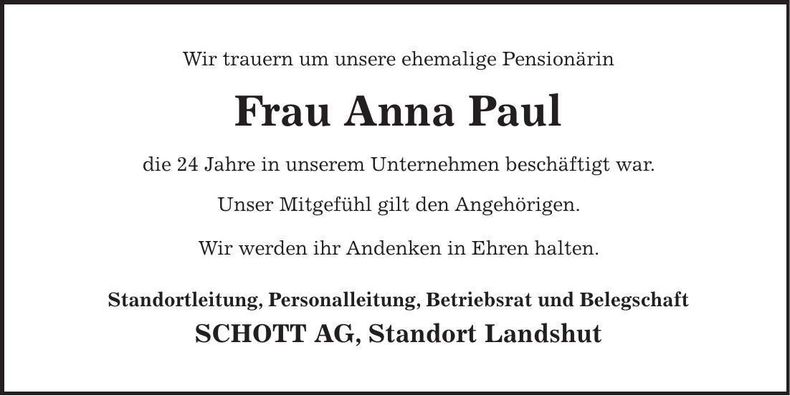Traueranzeige Anna Paul
