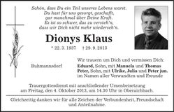 Traueranzeige Dionys Klaus