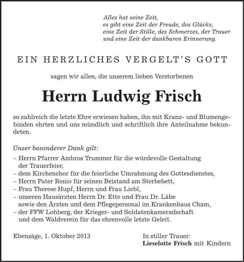 Traueranzeige Ludwig Frisch