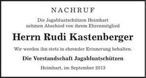 Traueranzeige Rudi Kastenberger