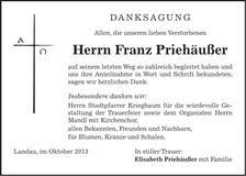 Traueranzeige Franz Priehäußer