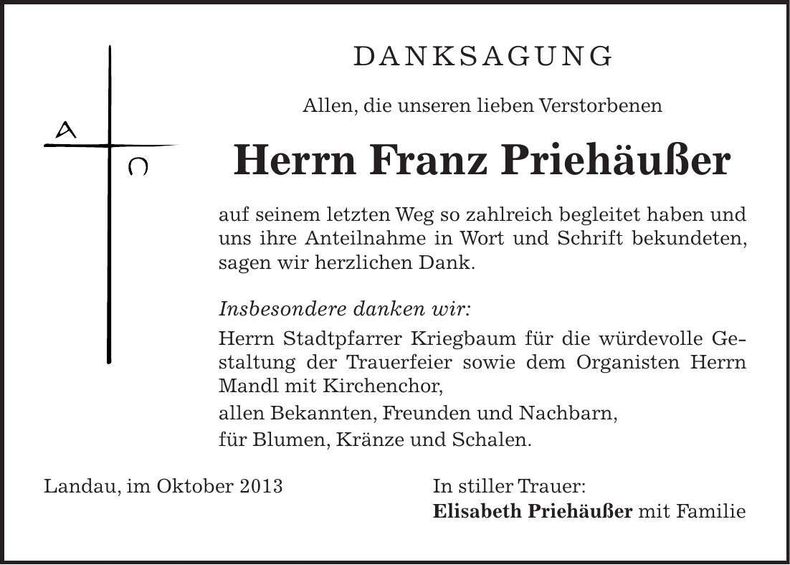 Traueranzeige Franz Priehäußer