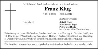 Traueranzeige Franz Klug