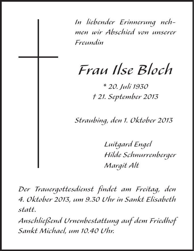 Traueranzeige Ilse Bloch
