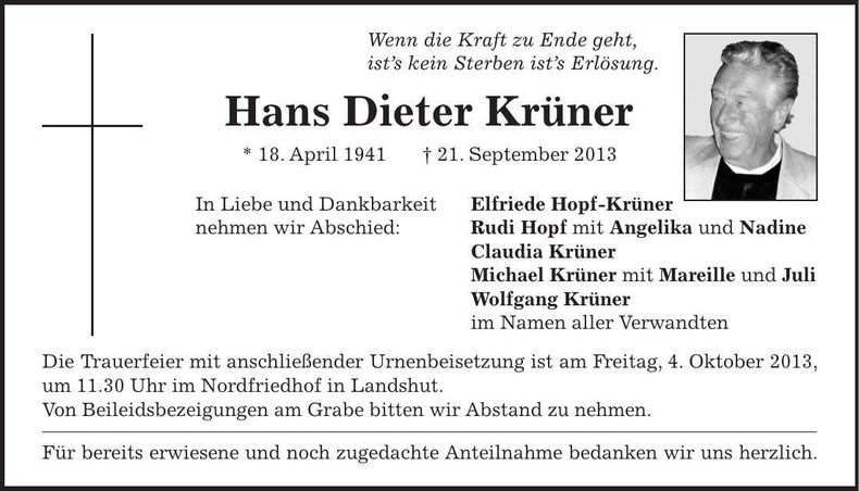 Traueranzeige Hans Dieter Krüner