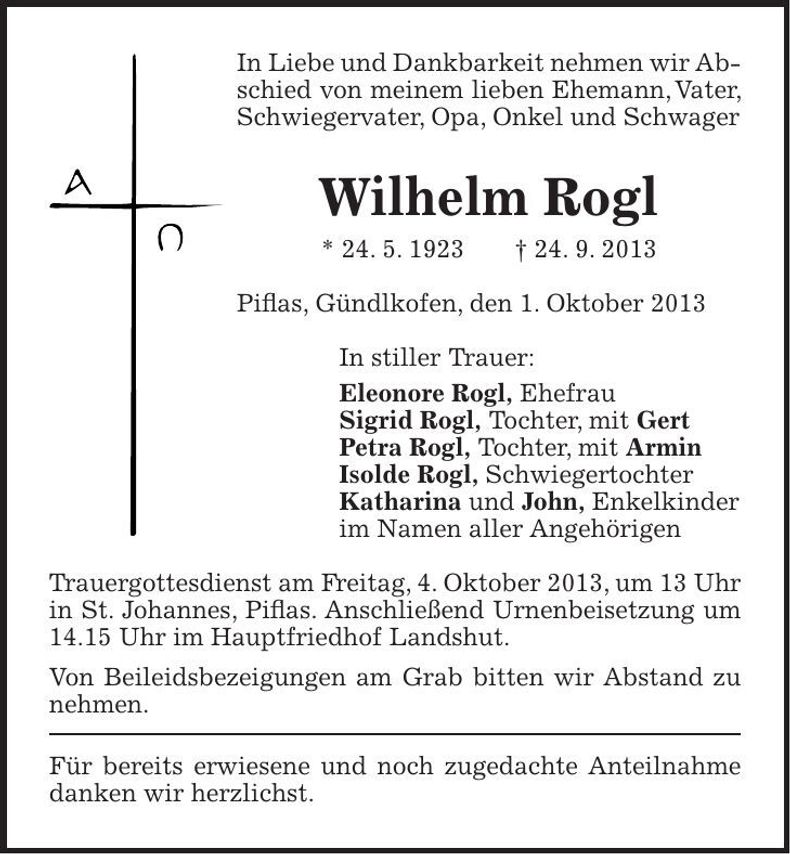 Traueranzeige Wilhelm Rogl