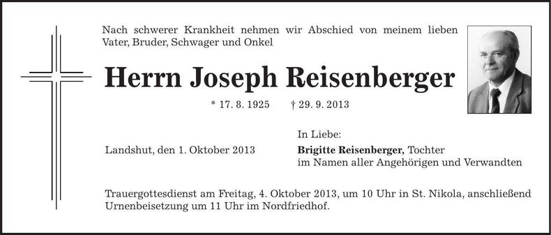 Traueranzeige Joseph Reisenberger