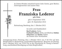 Traueranzeige Franziska Lederer