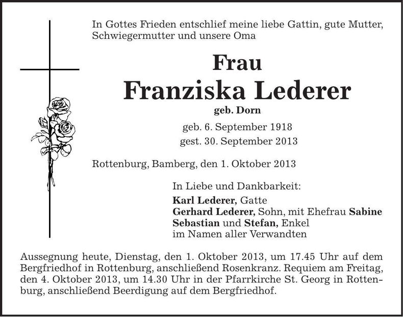Traueranzeige Franziska Lederer