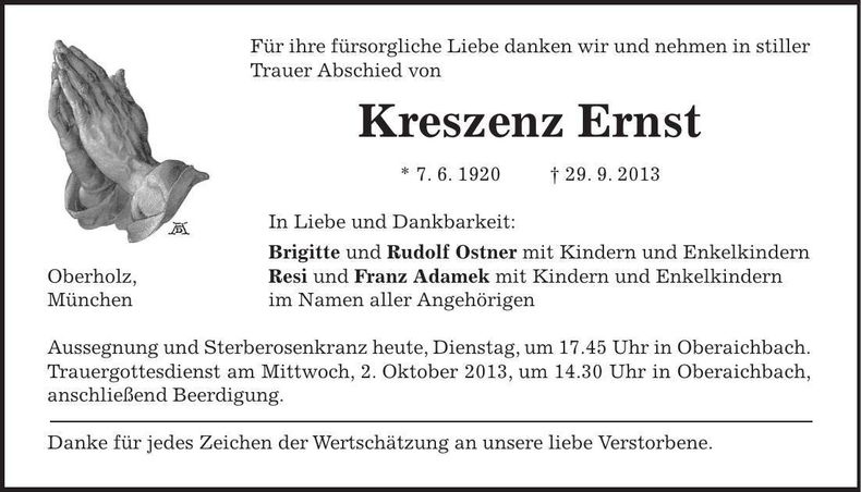 Traueranzeige Kreszenz Ernst