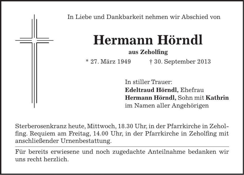 Traueranzeige Hermann Hörndl