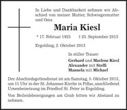 Traueranzeige Maria Kiesl