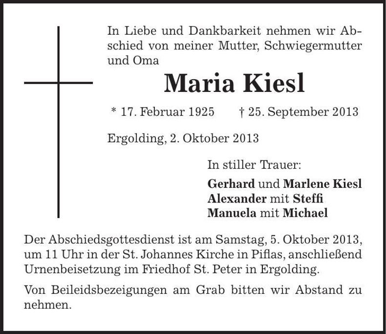 Traueranzeige Maria Kiesl