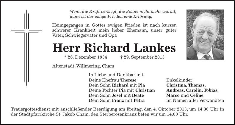 Traueranzeige Richard Lankes