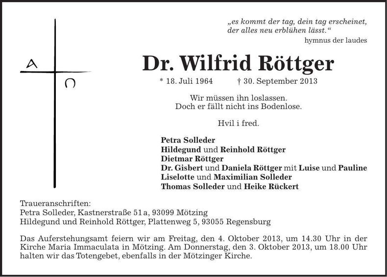 Traueranzeige Wilfrid Röttger