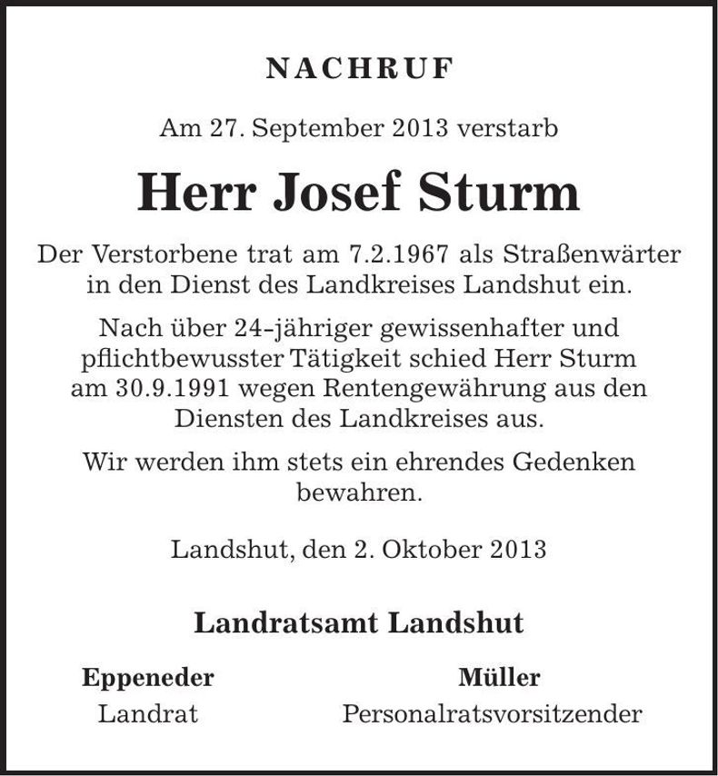 Traueranzeige Josef Sturm