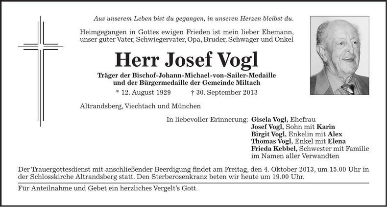 Traueranzeige Josef Vogl