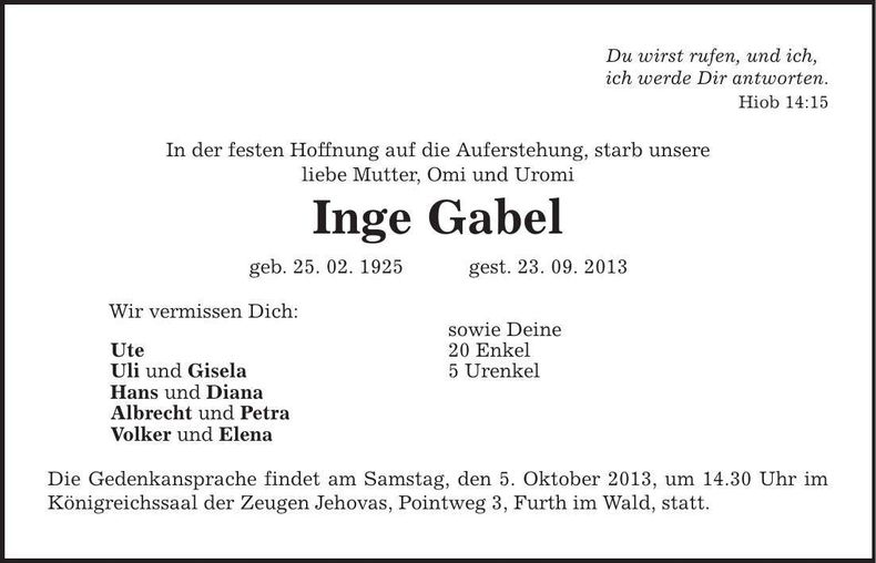 Traueranzeige Inge Gabel