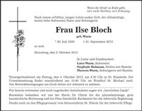 Traueranzeige Ilse Bloch