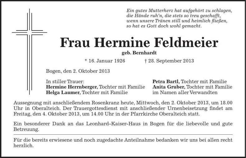 Traueranzeige Hermine Feldmeier