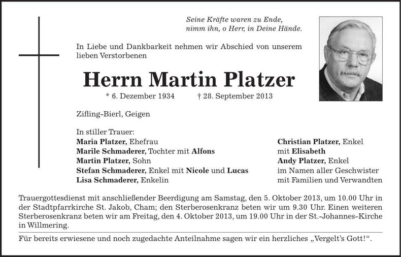Traueranzeige Martin Platzer