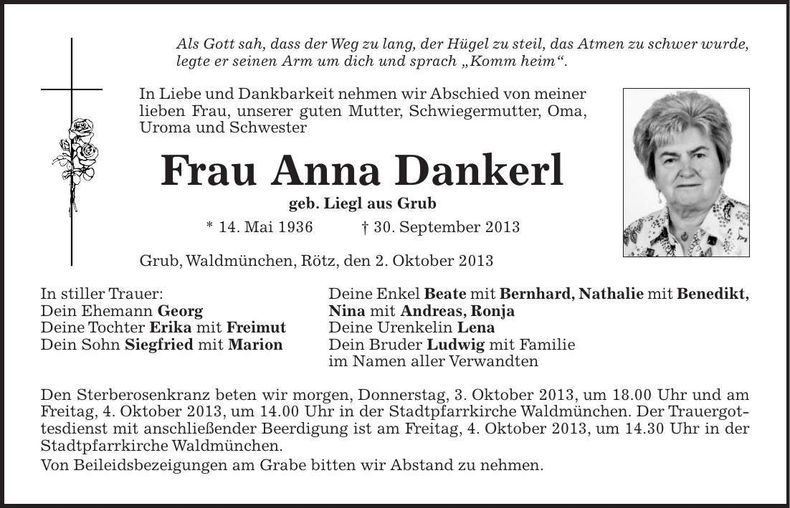 Traueranzeige Anna Dankerl