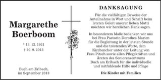 Traueranzeige Margarethe Boerboom