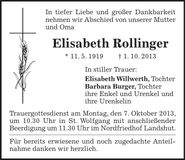 Traueranzeige Elisabeth Rollinger