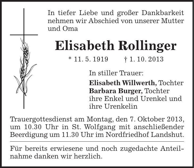 Traueranzeige Elisabeth Rollinger