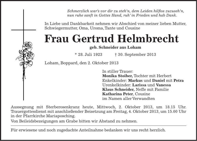 Traueranzeige Gertrud Maria Helmbrecht
