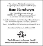 Traueranzeige Hans Hornberger