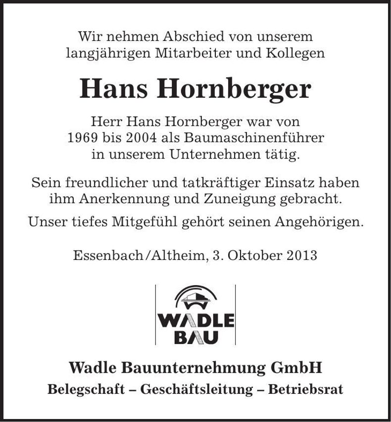 Traueranzeige Hans Hornberger