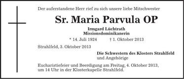 Traueranzeige Irmgard Lüchtrath Sr. Maria Parvula OP