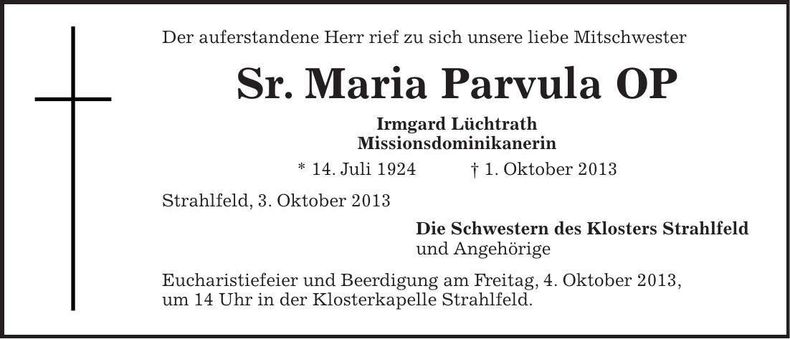 Traueranzeige Irmgard Lüchtrath Sr. Maria Parvula OP