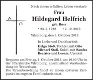 Traueranzeige Hildegard Helfrich