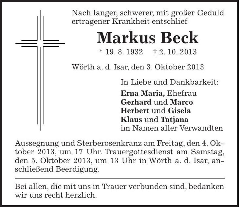 Traueranzeige Markus Beck