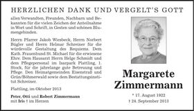 Traueranzeige Margarete Zimmermann