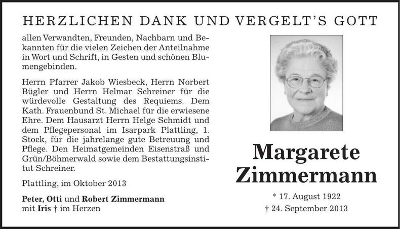 Traueranzeige Margarete Zimmermann
