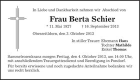 Traueranzeige Berta Schier
