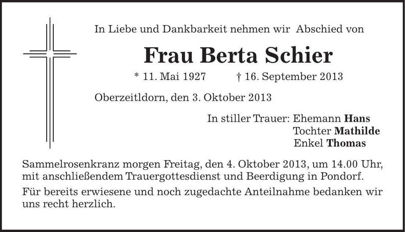 Traueranzeige Berta Schier