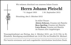Traueranzeige Johann Pleischl